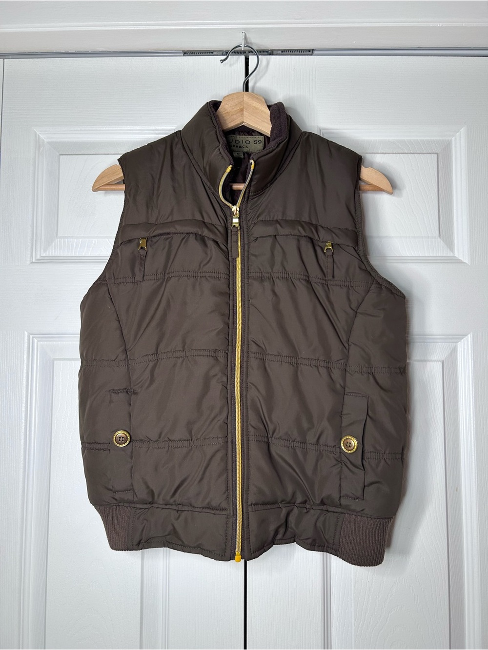 Quilted Expresso Sleeveless Puffer Vest with Gold Zipper and Button Details